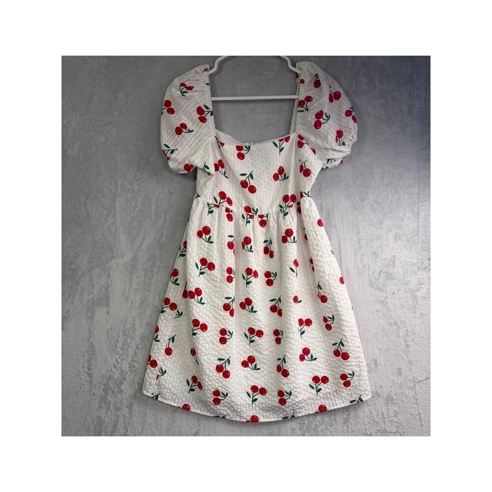 Pink Lily White Cherry Print Puff Sleeve Babydoll Mini Dress - Size XS - Picture 4 of 8
